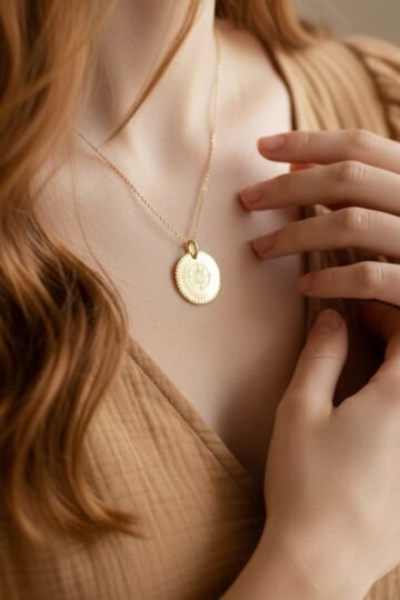 Collier personnalisé médaille perlée or gravée rose des vents MON GUIDE