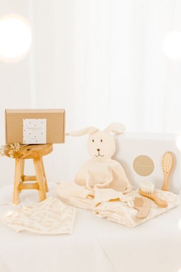 Coffret naissance ESSENTIEL - doudou + brosses + bavoir + lange