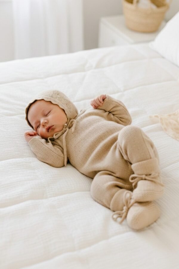 Alternative view of Kit naissance bebe chaussons et bonnet béguin tricotés taupe 100% coton 0-6 mois BIENVENUE AU MONDE