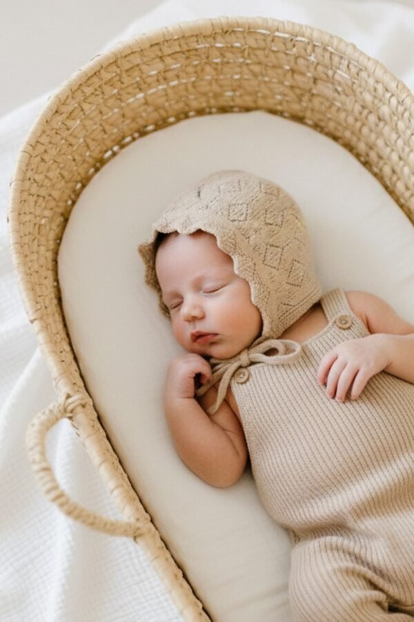 Alternative view of Bonnet bebe petit béguin tricoté taupe 100% coton 0-6 mois BIENVENUE AU MONDE