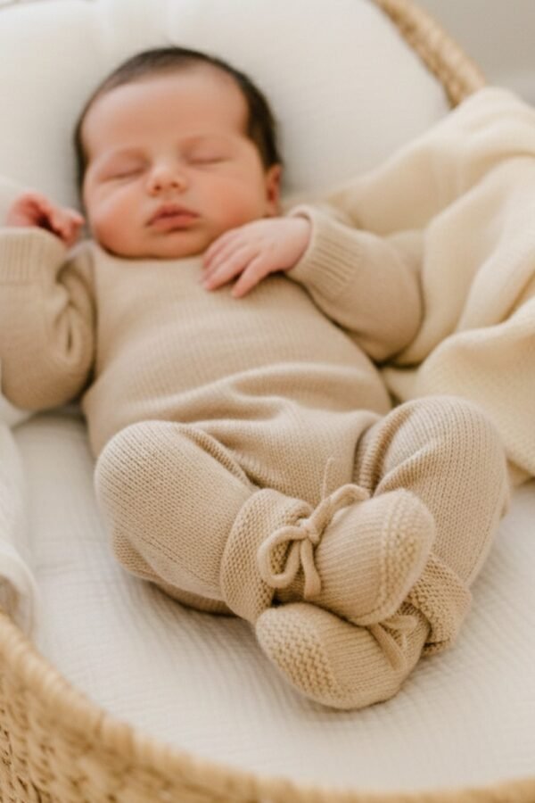 Alternative view of Chaussons pour bébés tricotés taupe 100% coton 0-6 mois BIENVENUE AU MONDE