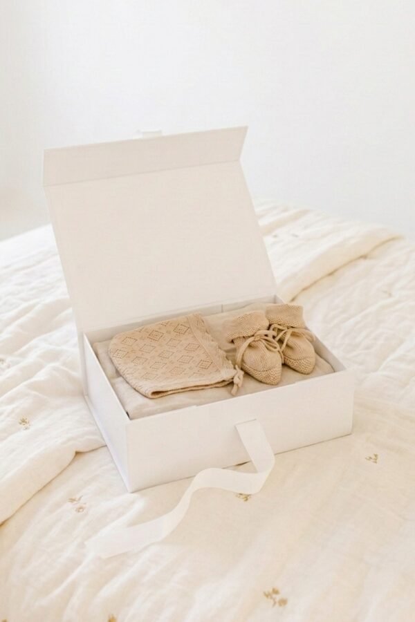 Kit naissance bebe chaussons et bonnet béguin tricotés taupe 100% coton 0-6 mois BIENVENUE AU MONDE