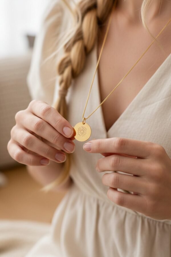 Alternative view of Collier fleur de naissance personnalisable médaille ronde ECLOSION