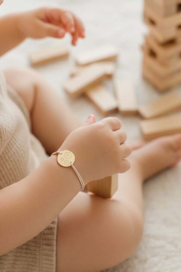 Alternative view of Bracelet personnalisé cordon enfant médaille ronde gravée PÂQUERETTE