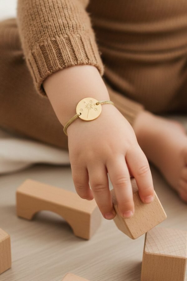 Bracelet personnalisé cordon enfant médaille ronde gravée PETITS TRÉSORS