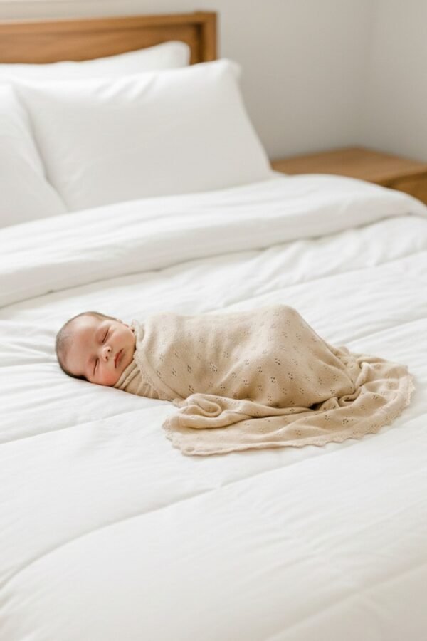 Alternative view of Couverture bebe naissance tricotée taupe 100% coton BIENVENUE AU MONDE