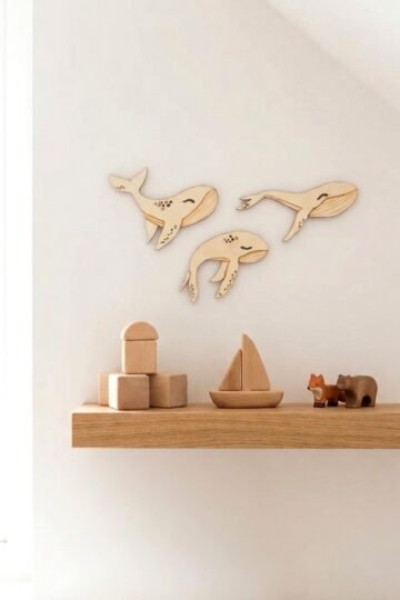 Alternative view of Décor mural bois chambre bébé baleines VALSE MARINE