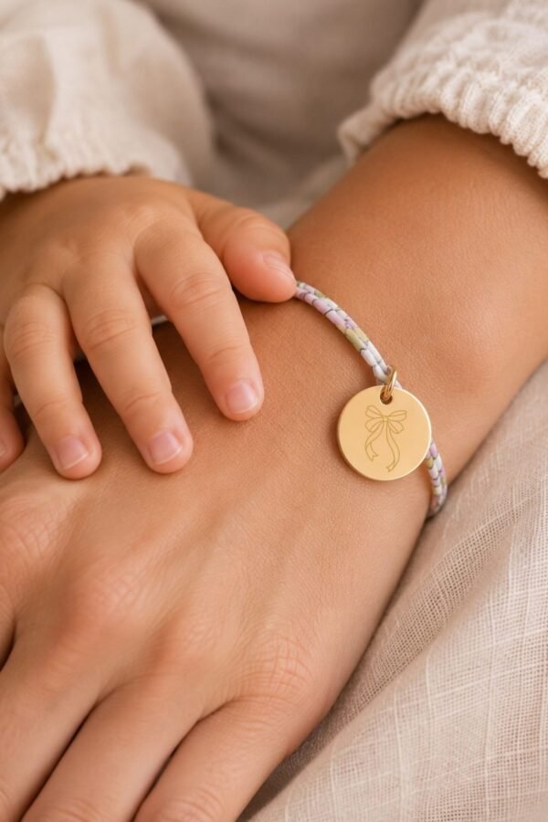 Bracelet naissance personnalisé liberty médaille ronde ONDE D'AMOUR