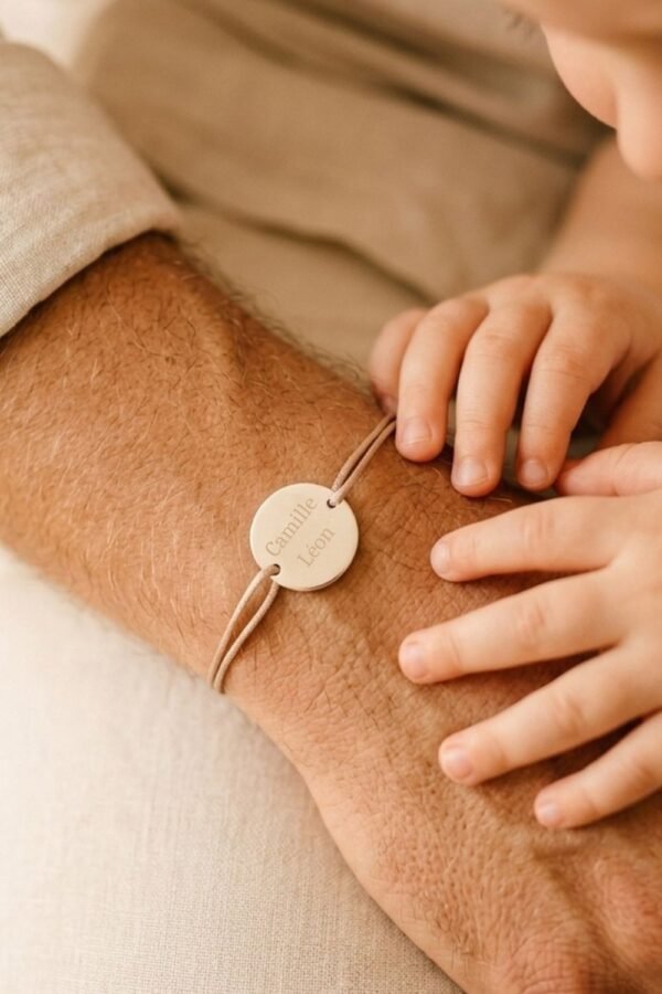 Alternative view of Bracelet papa disque argent cordon à personnaliser